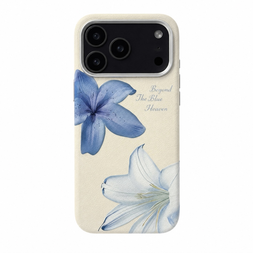قاب چرمی آیفون طرح گل لیلیوم آبی (The Bright Blue Flower) با فریم محافظ لنز
